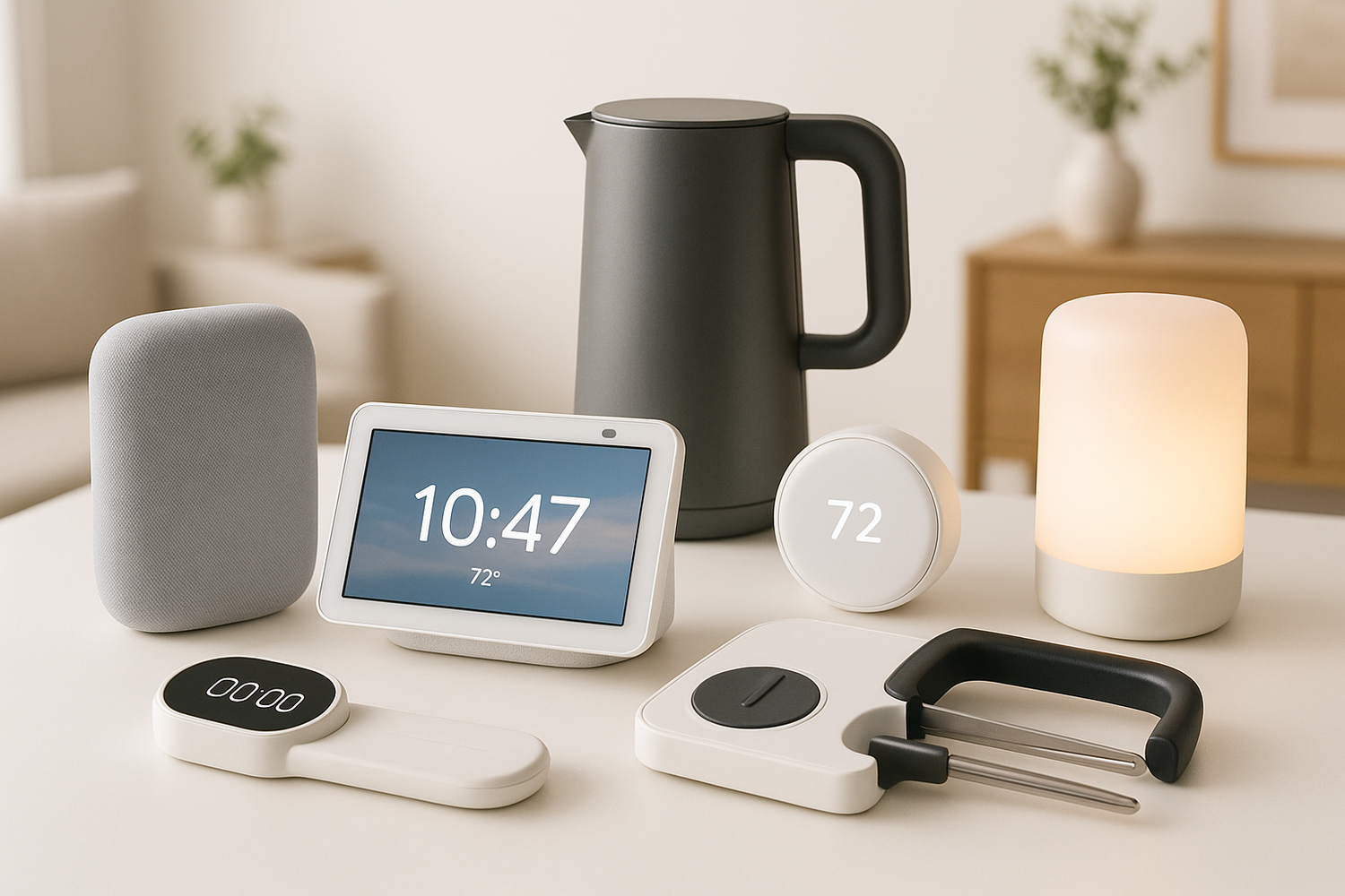"A modern collection of innovative home gadgets displayed in a bright, minimal setting. Sleek smart devices, multifunctional kitchen tools, and stylish home accessories are arranged neatly on a white tabletop, with soft natural lighting highlighting their premium finishes. The background features subtle home décor elements to create a warm, inviting feel while keeping the focus on the products."